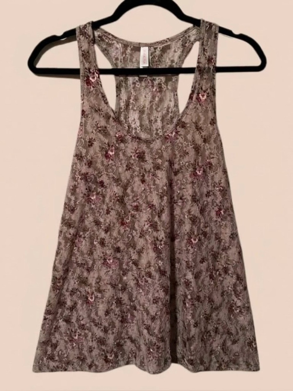 Xhilaration Taupe Floral Racerback Tank with Pink Accents
